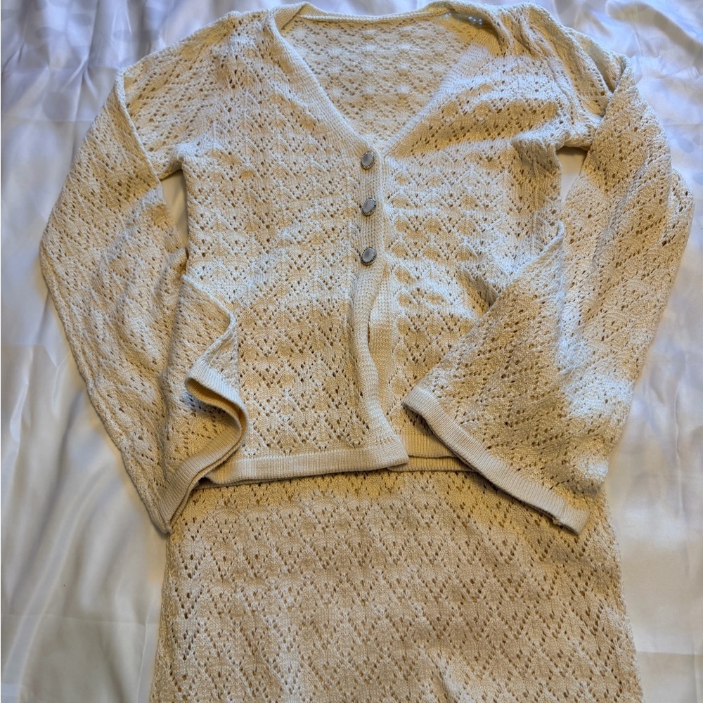 Cream Crochet Knit Cardigan & Skirt Set - Picture 4 of 10
